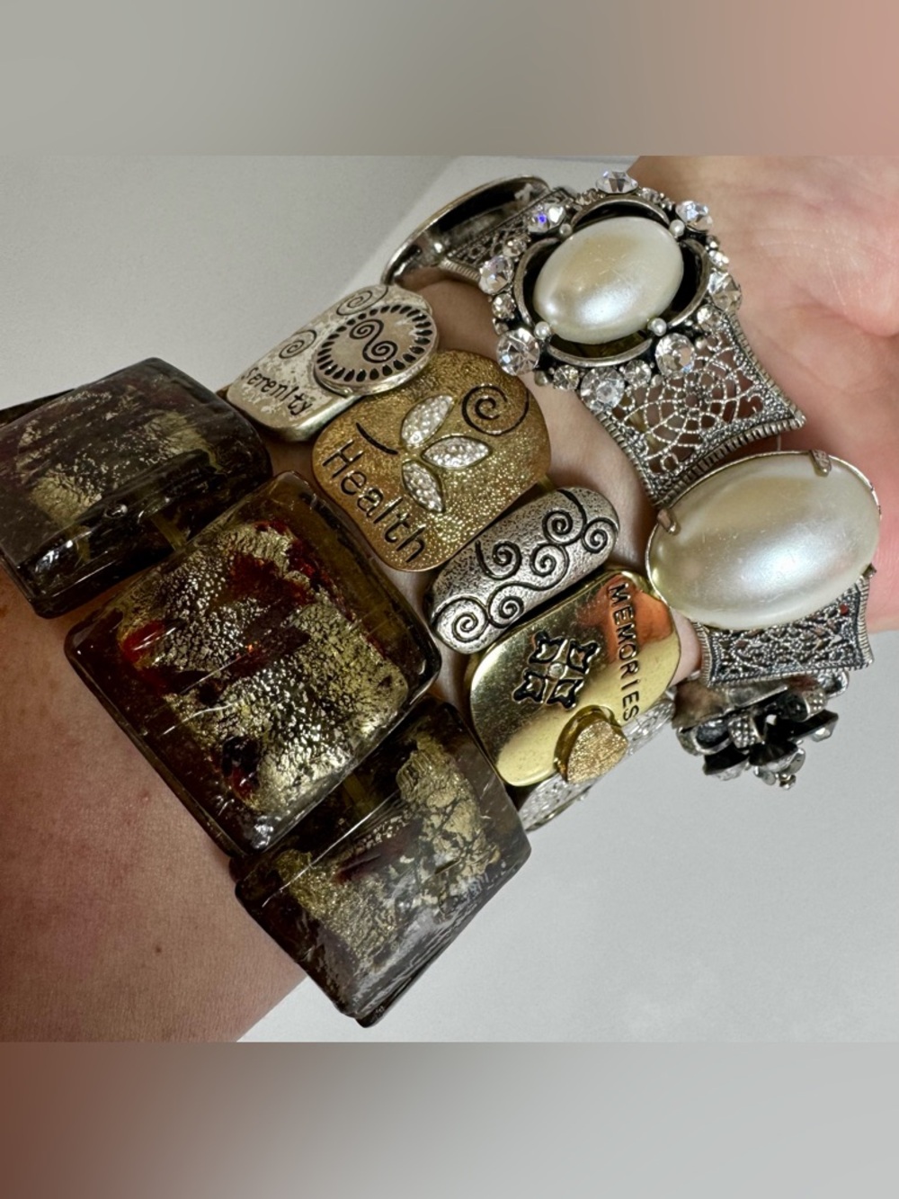 Lot of 3 Decorative Mixed-Metal & Glass Stretchy Charm Bracelets #1274
